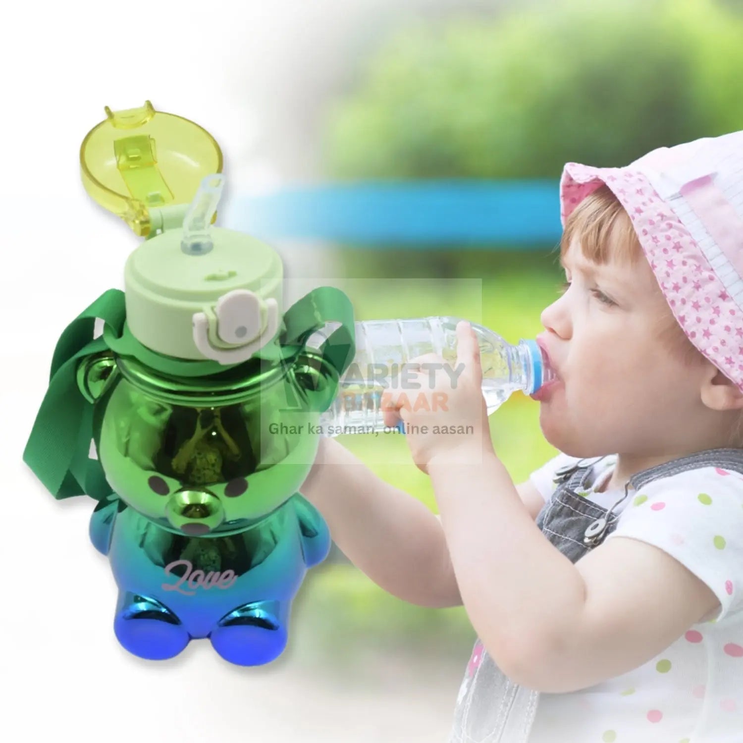 Cute Plastic Water Bottle with Strap & Stickers | Kids School Water Bottle with Straw (1 Pc) Variety Bazaar
