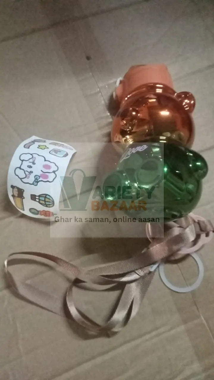 Cute Plastic Water Bottle with Strap & Stickers | Kids School Water Bottle with Straw (1 Pc) Variety Bazaar