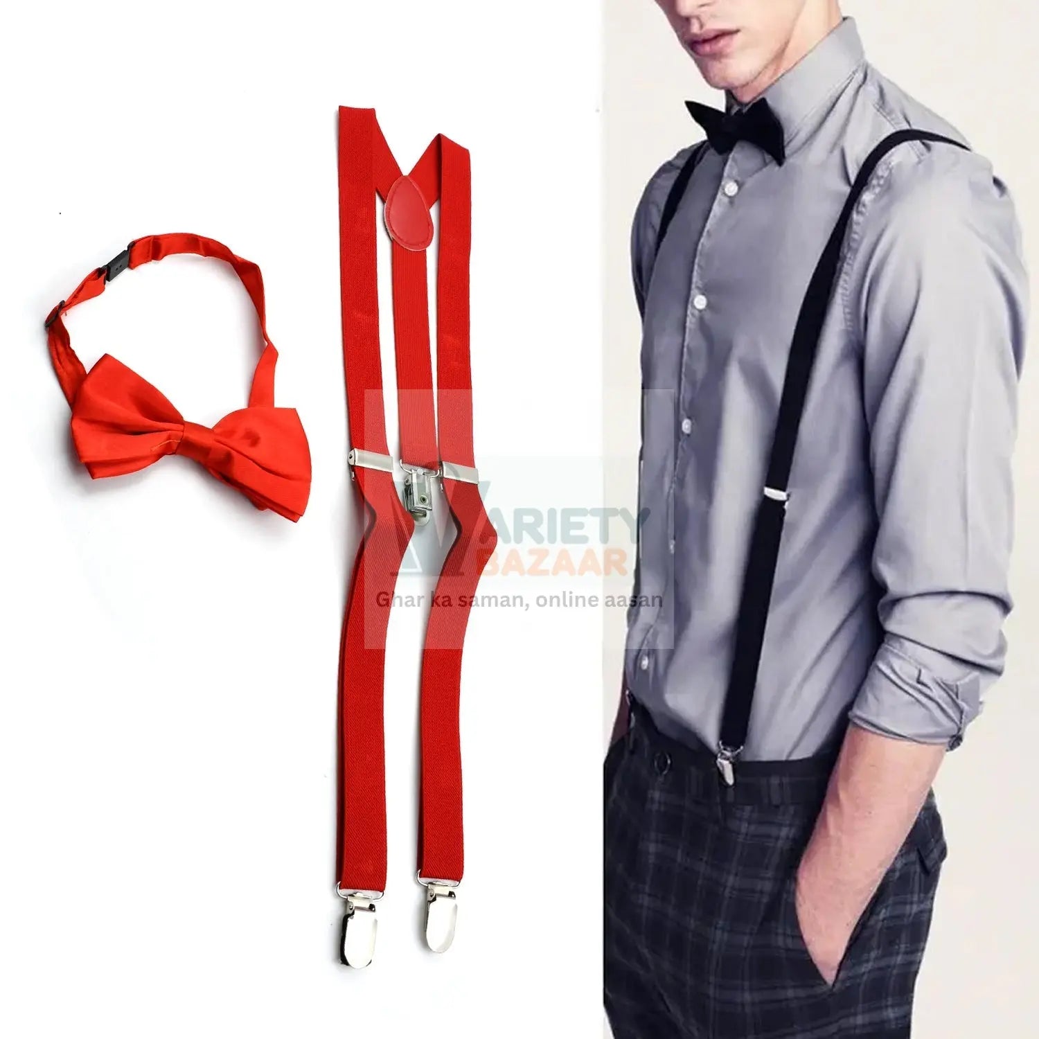 Men's suspenders with button design, elastic Y-back style, available in regular and tall sizes.