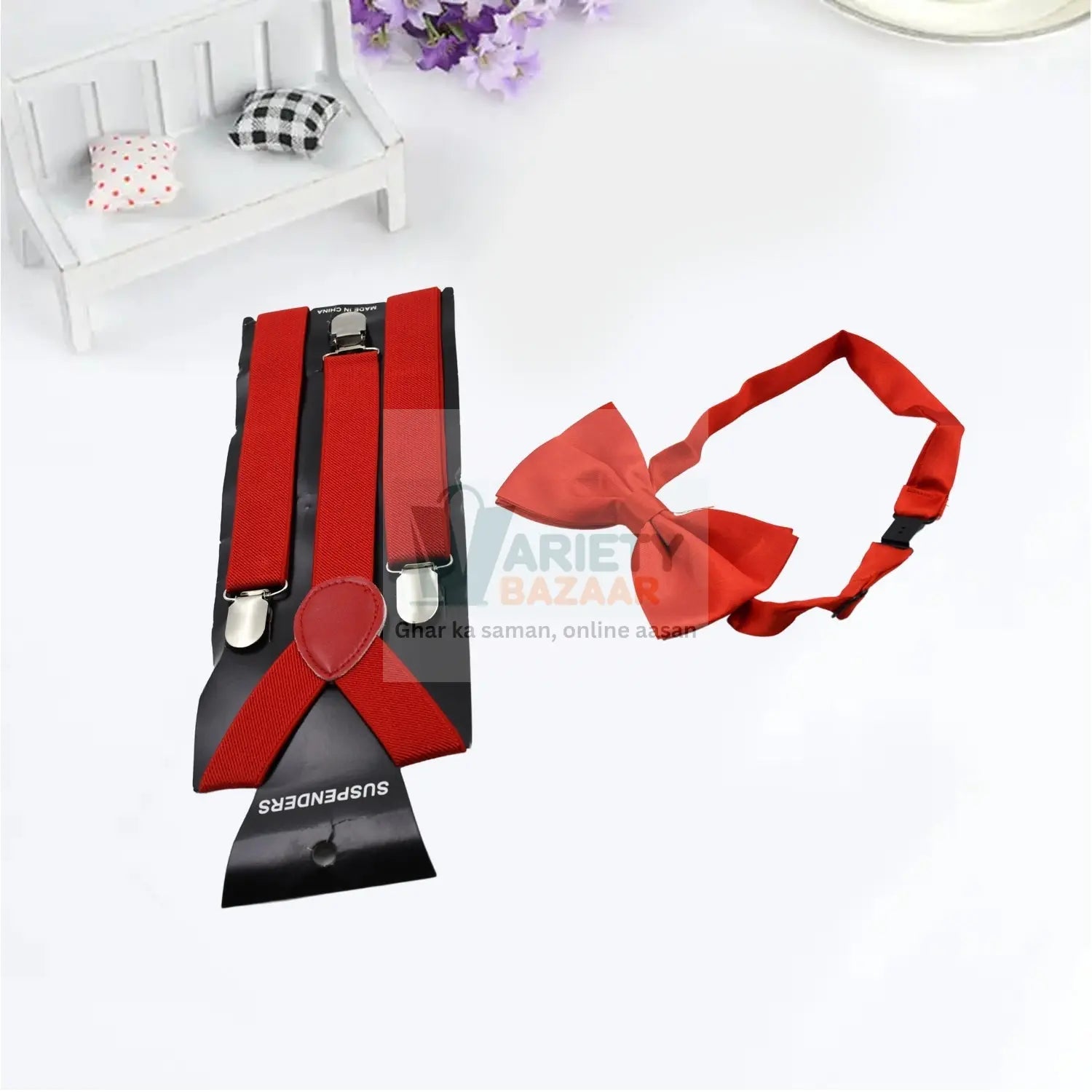 Fashionable men's suspenders with button attachment, elastic Y-back, available in different sizes.