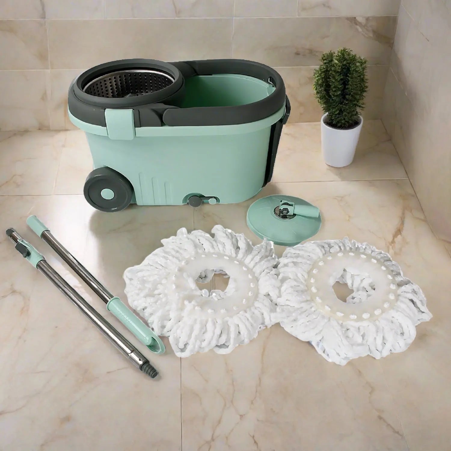 Ganesh Quick Spin Mop Steel Spin, Bucket Floor Cleaning, Easy Wheels & Big Bucket, Floor Cleaning Mop With Bucket, 2 Micro fiber head / Refill Variety Bazaar