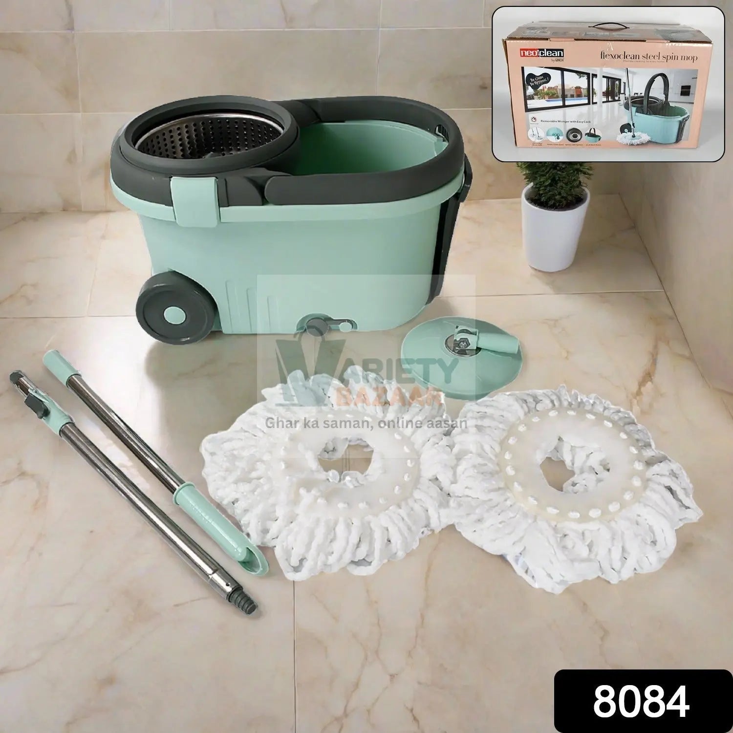 Ganesh Quick Spin Mop Steel Spin, Bucket Floor Cleaning, Easy Wheels & Big Bucket, Floor Cleaning Mop With Bucket, 2 Micro fiber head / Refill Variety Bazaar