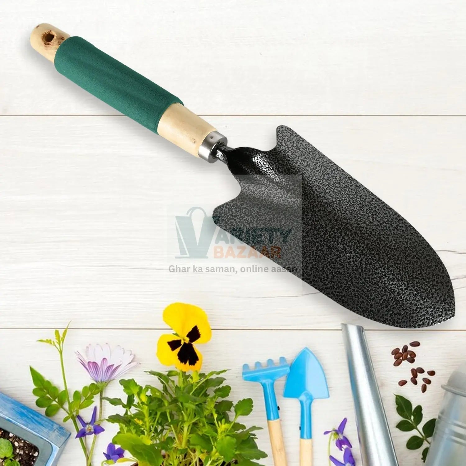 Gardening Tools - Hand Cultivator, Trowel, Heavy Duty with Ergonomic Wooden Handle for Transplanting and Digging (3 Pcs Set) Variety Bazaar