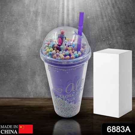 6883a Design Printed Sipper Bottle With Toy Led Glow Light Double Wall Sipper Glass Water Bottle  Sipper Bottle With Straw For Girls And Kids For Boys And Girls Schooltuitiongym (Pack Of 1)