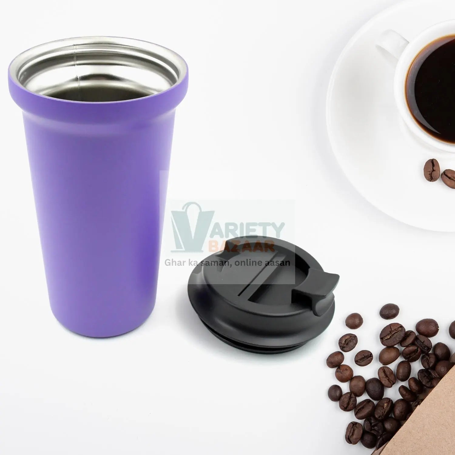 Double-walled coffee cup with stainless steel inside and plastic outside.