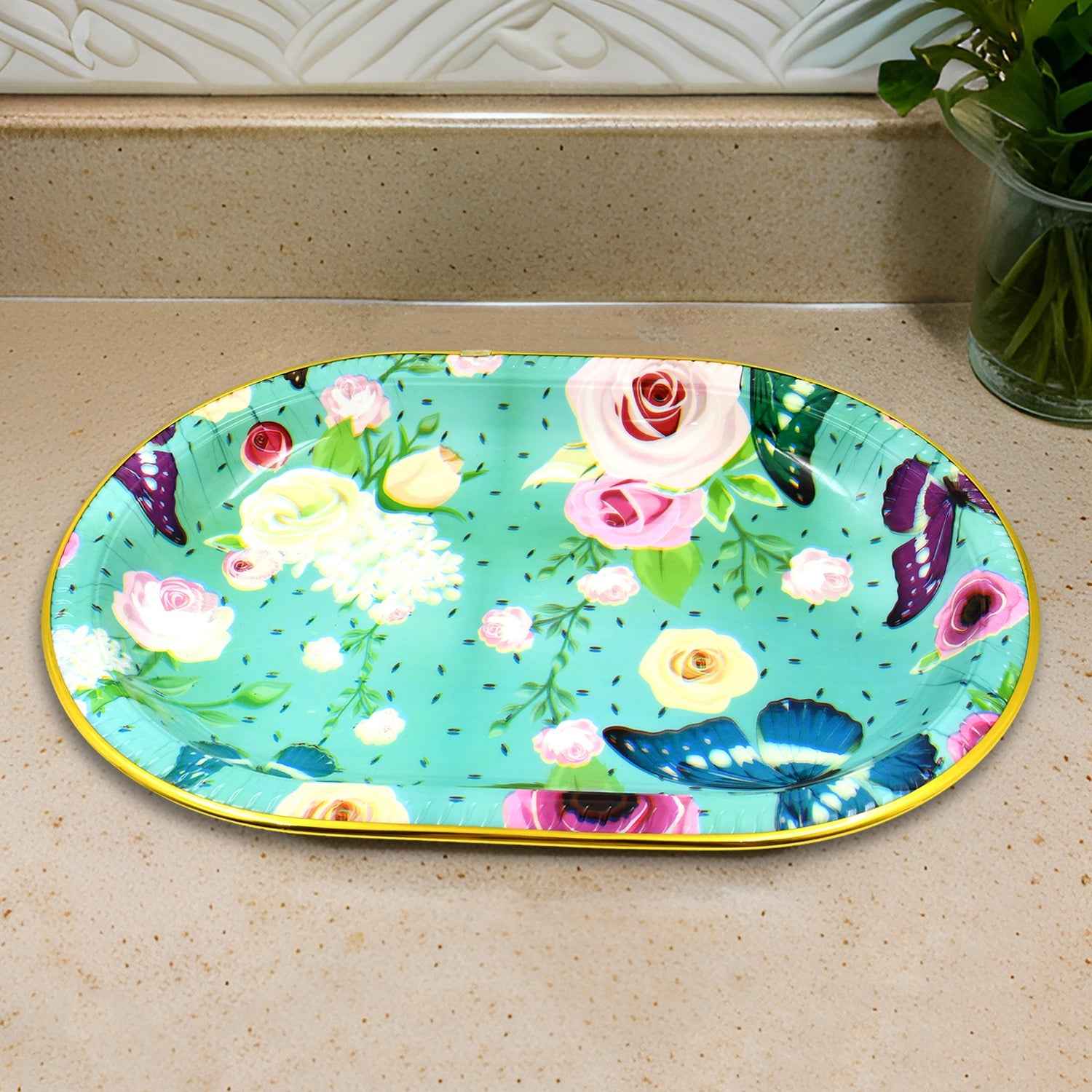 Plastic Flower Printed Design Serving Tray (3 Pcs Set  Mix Color)