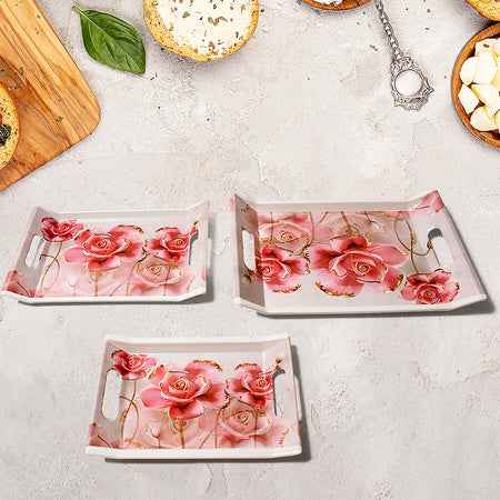 2292 Plastic Rectangular Shape Flower Printed Design Serving Tray 3 Pcs Home And Kitchen Use (3 Pcs Set)