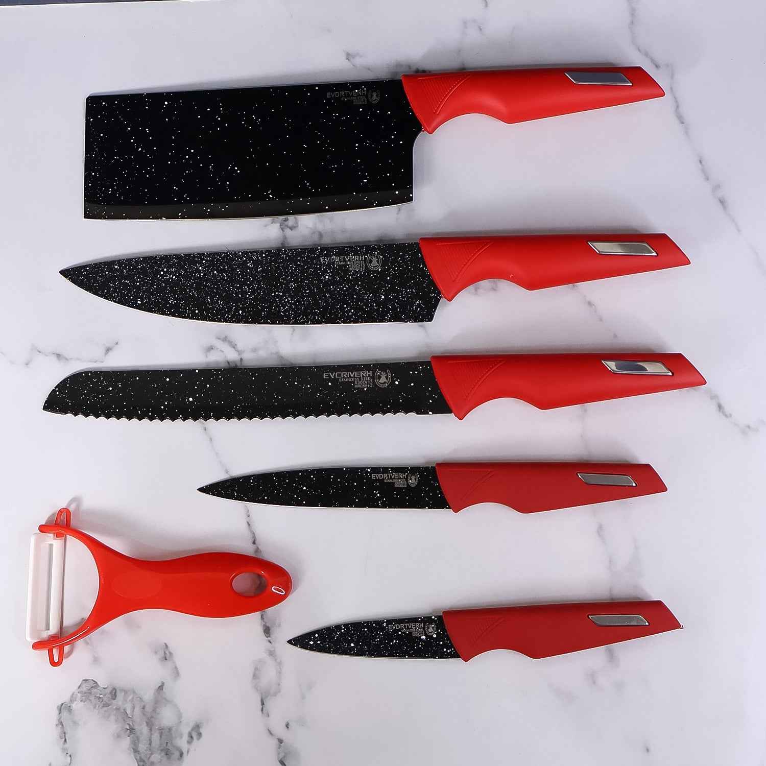 Kitchen Knife Set With Marble-coated Blades  Red Handles (6 Pc)
