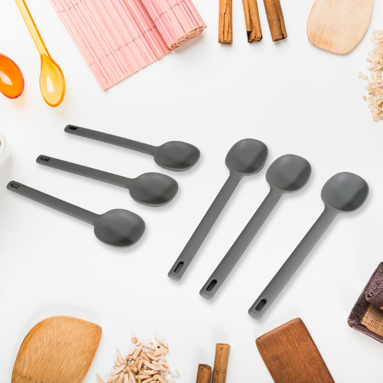 Multipurpose Silicone Spoon, Silicone Basting Spoon Non-Stick Kitchen Utensils Household Gadgets Heat-Resistant Non Stick Spoons Kitchen Cookware Items For Cooking and Baking (6 Pcs Set) Variety Bazaar