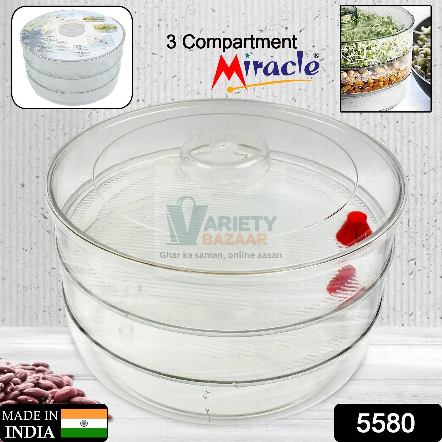 Miracle Plastic Healthy Hygienic Sprout Maker with 3 Compartments for Home, Kitchen (1 Pc) travel sahayak