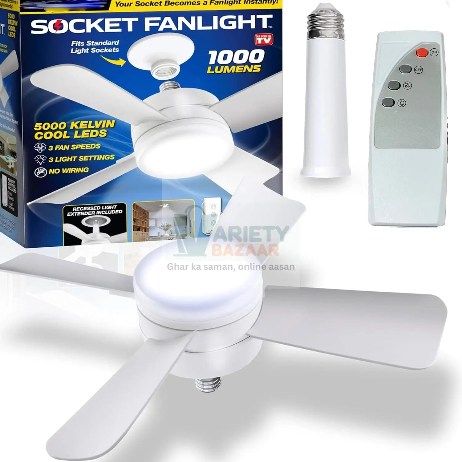 Original Cool LED Socket Fan Light – Ceiling Fan Replacement, 1000 Lumens/5000K, Remote Controlled (Remote Battery Not Included) Variety Bazaar