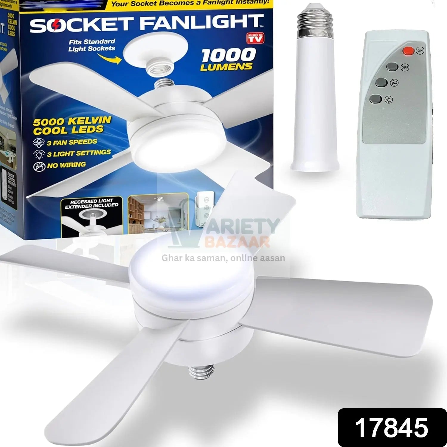 Original Cool LED Socket Fan Light – Ceiling Fan Replacement, 1000 Lumens/5000K, Remote Controlled (Remote Battery Not Included) Variety Bazaar