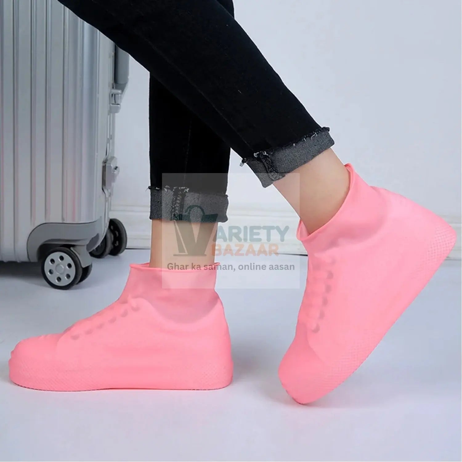 Foldable and reusable silicone shoe covers.