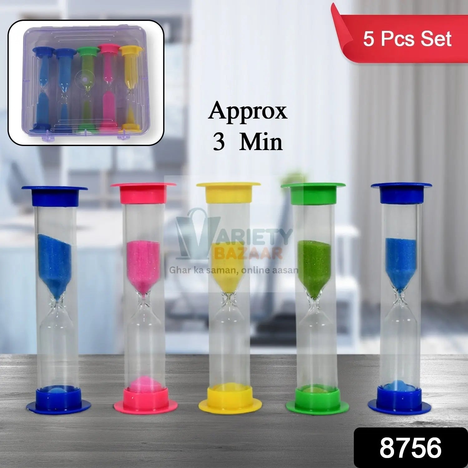 Plastic Hourglass Sand Timer Set – 3-Min Sand Clock for Kitchen, Office, School & Kids (5 Pc) Variety Bazaar