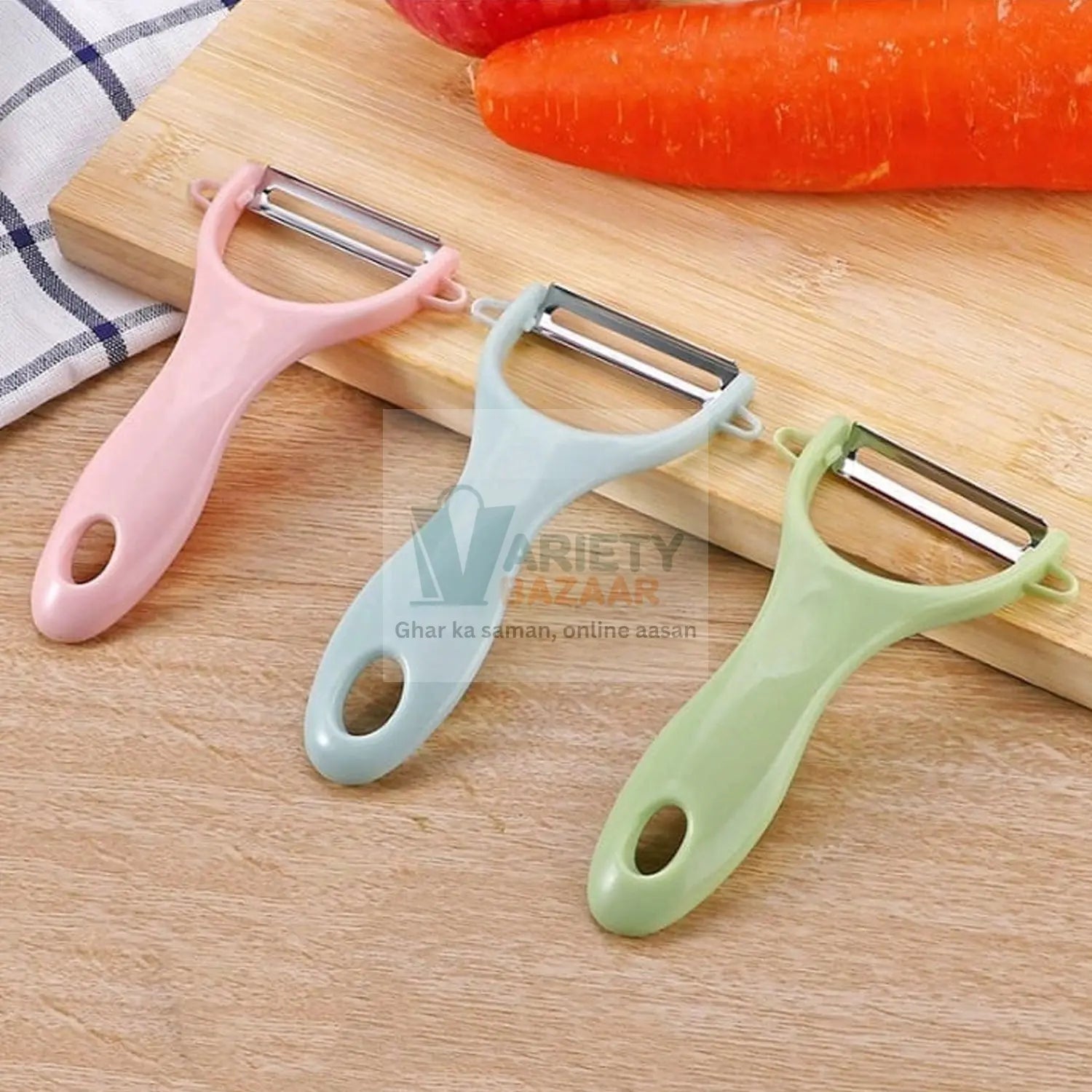 Plastic Kitchen Peeler - Green & Classic Stainless Steel 3-Piece Knife Set Combo Variety Bazaar