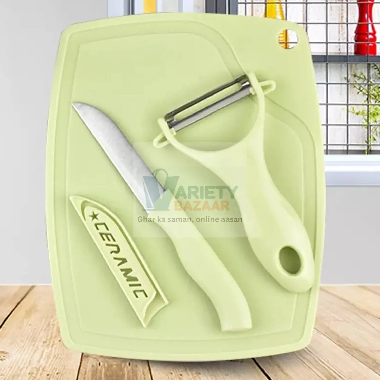 Plastic Kitchen Peeler - Green & Classic Stainless Steel 3-Piece Knife Set Combo Variety Bazaar