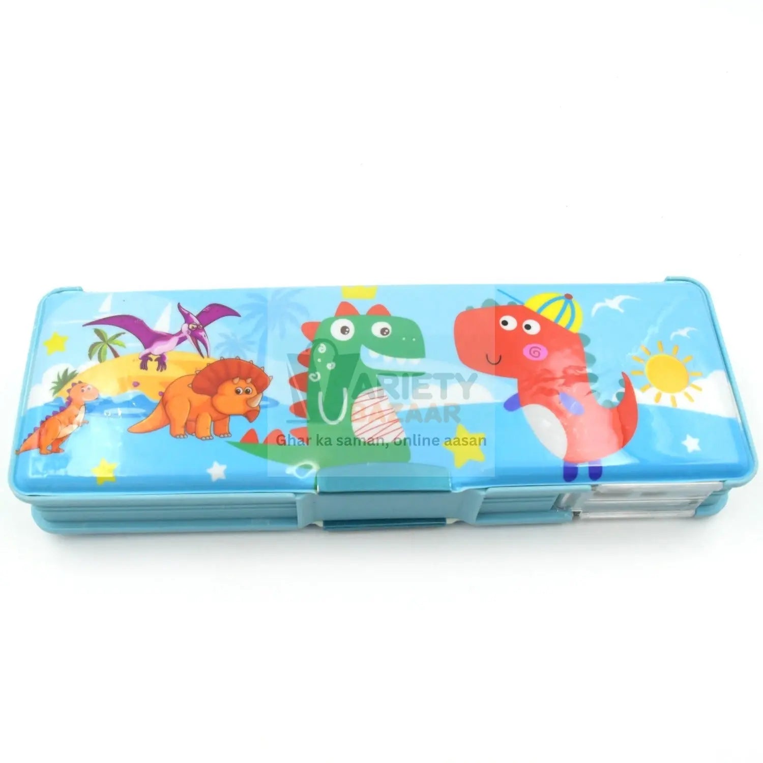 Plastic Multipurpose Compass Box – Double Deck Pencil Case with 2 Compartments & Cartoon Organizer (1 Pc, Mix Design) Variety Bazaar