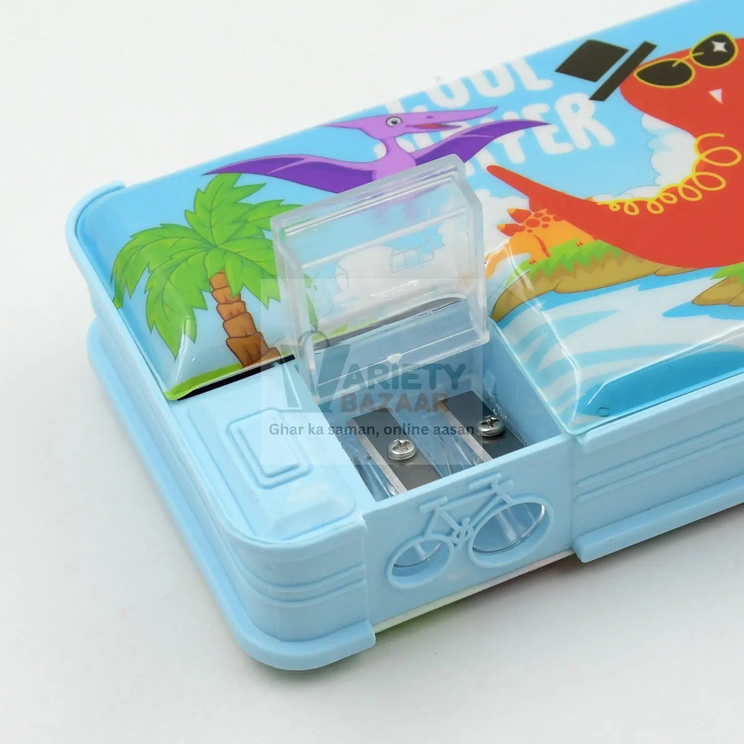 Plastic Multipurpose Compass Box – Double Deck Pencil Case with 2 Compartments & Cartoon Organizer (1 Pc, Mix Design) Variety Bazaar