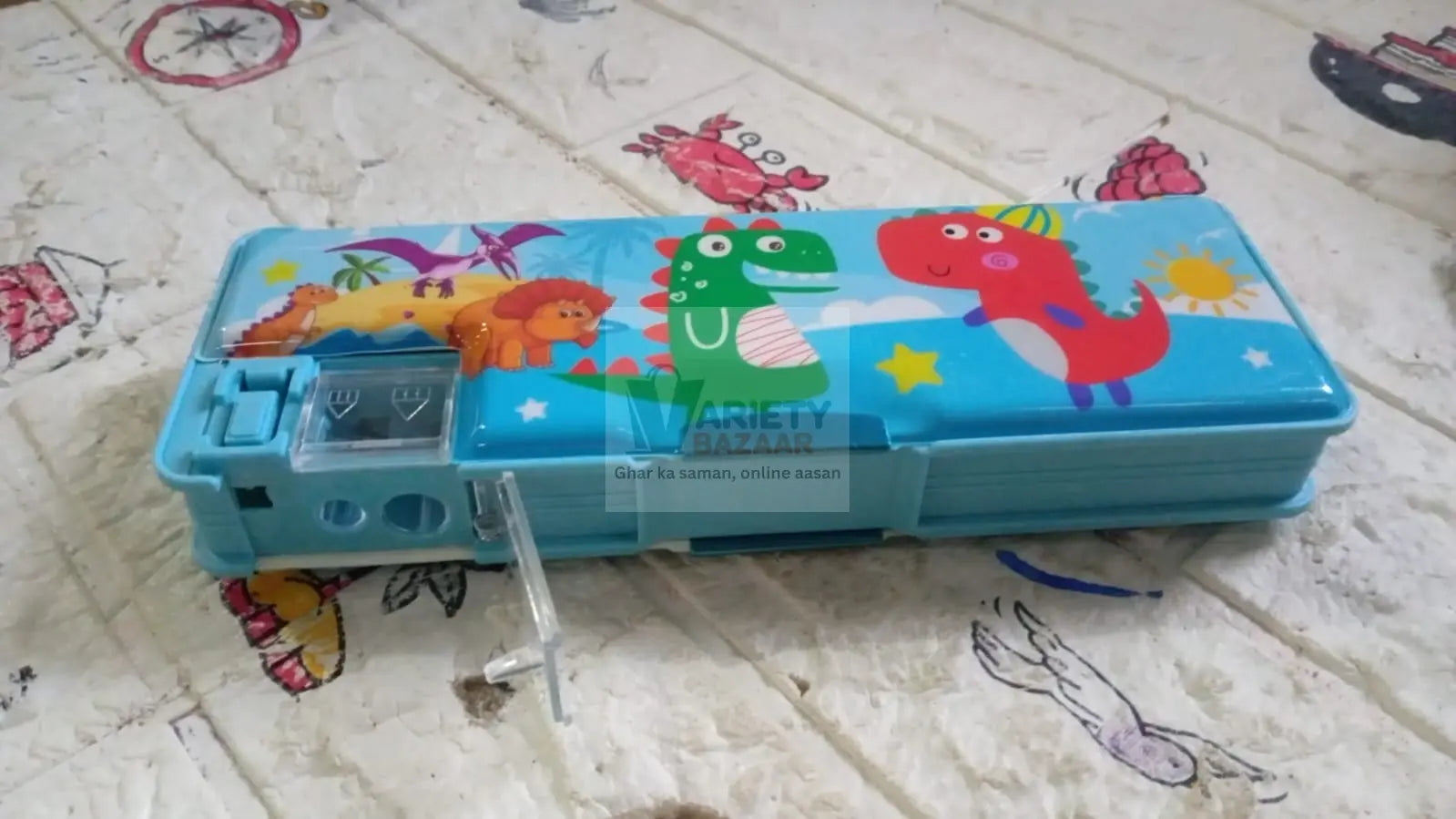 Plastic Multipurpose Compass Box – Double Deck Pencil Case with 2 Compartments & Cartoon Organizer (1 Pc, Mix Design) Variety Bazaar