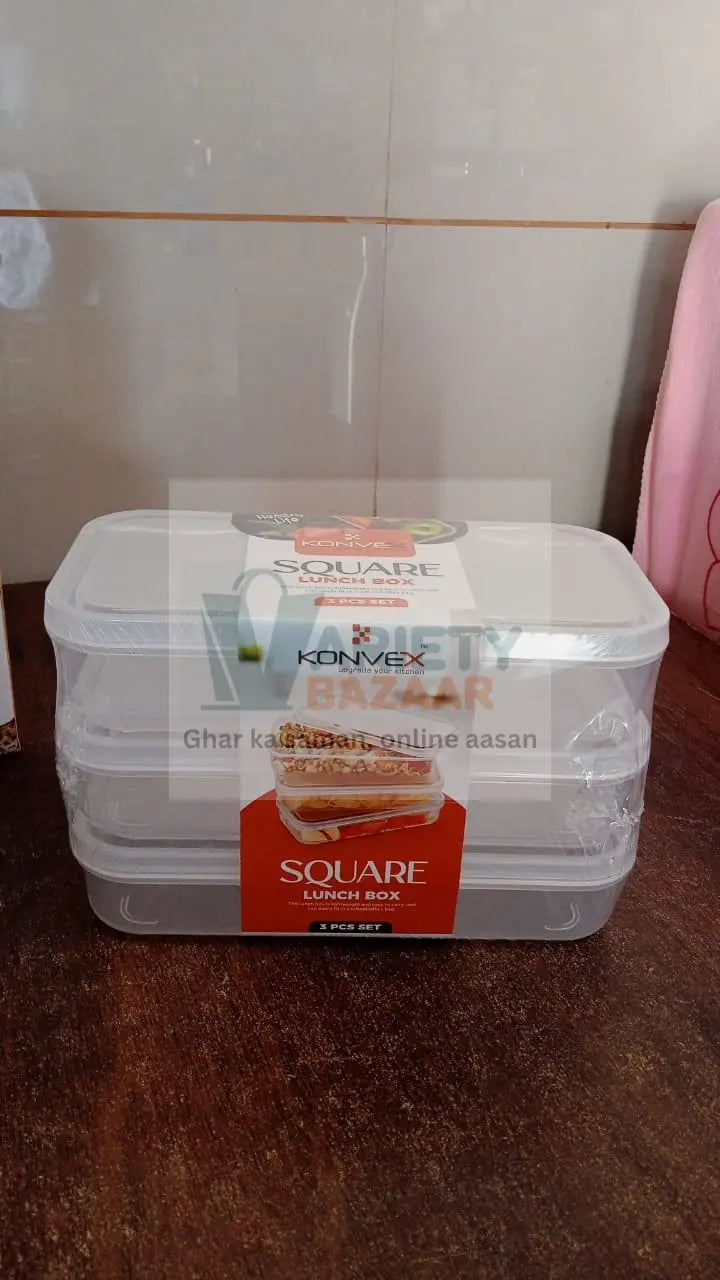 Plastic Square Lunch Box, Kitchen Containers Set (3 Pcs Set) Variety Bazaar