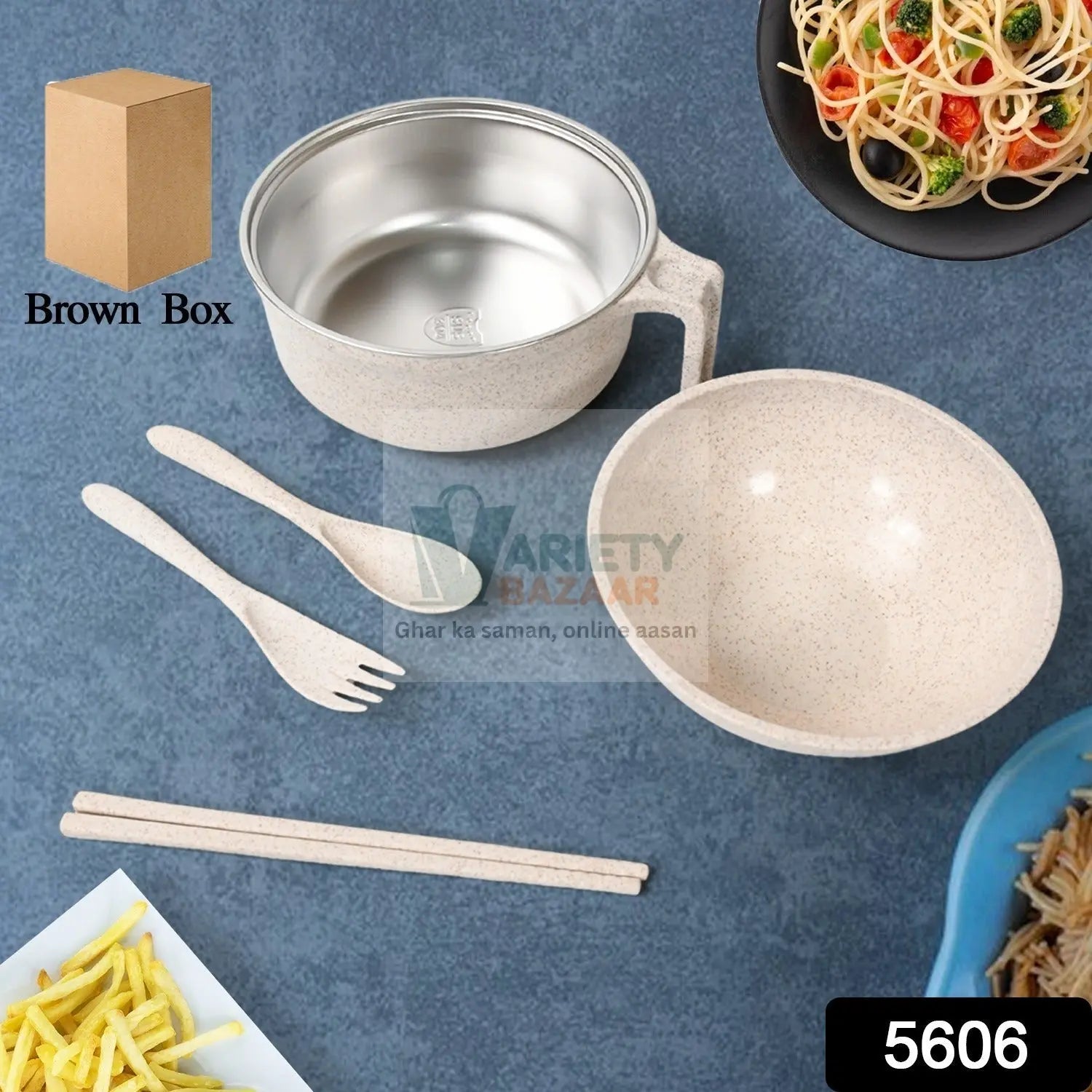 Rice Bowl Noodle Set – 6 Pcs with Lid, Handle & Cutlery Variety Bazaar
