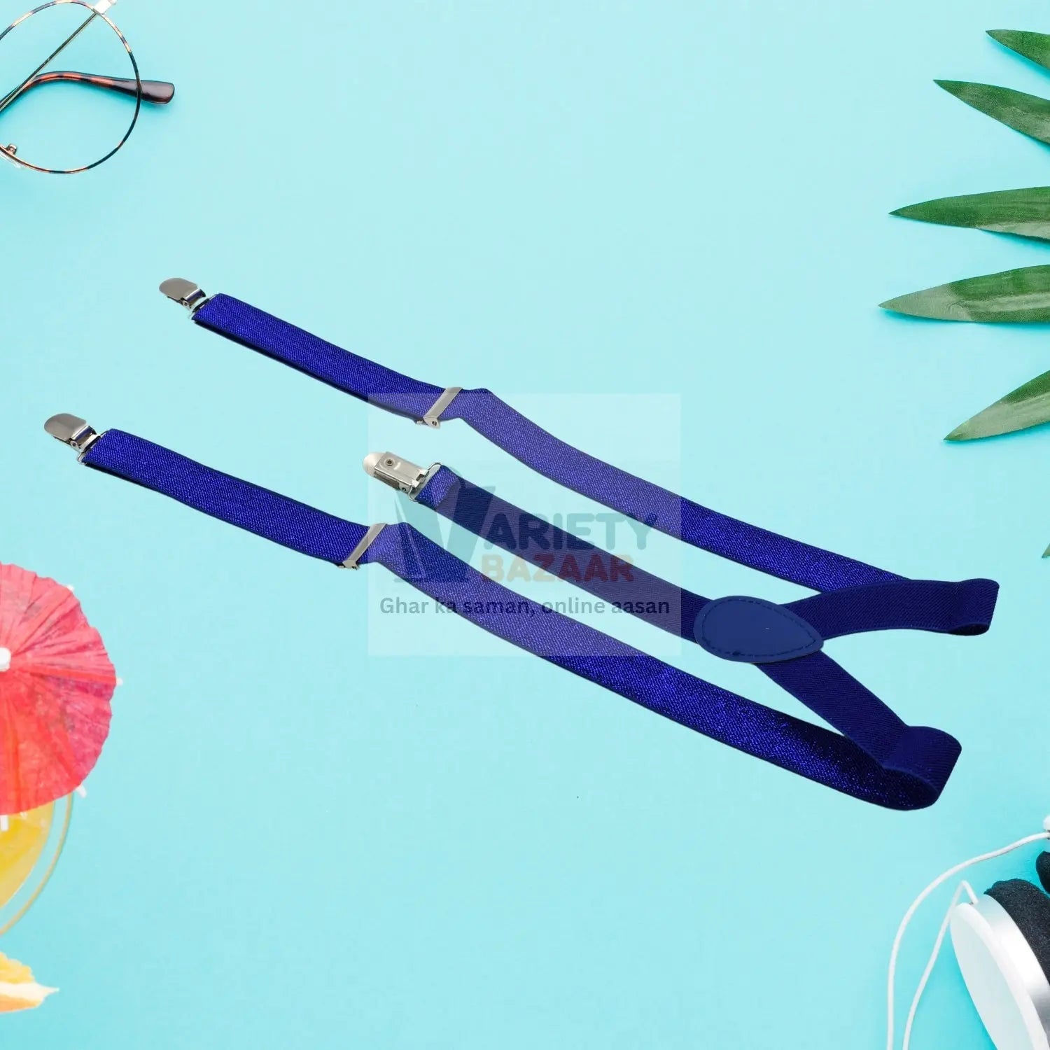 Stylish royal blue suspenders with clips.