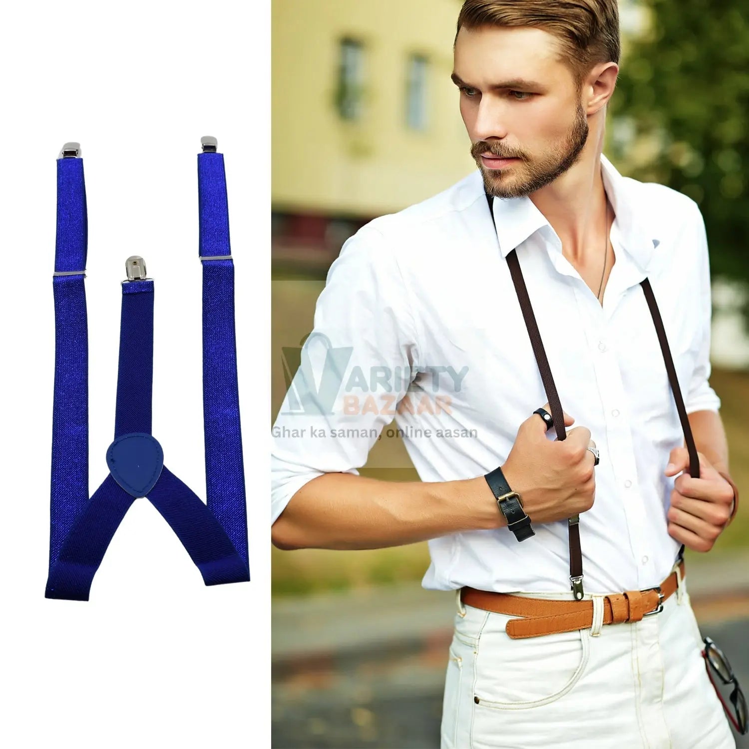 Metal clip suspenders in royal blue.