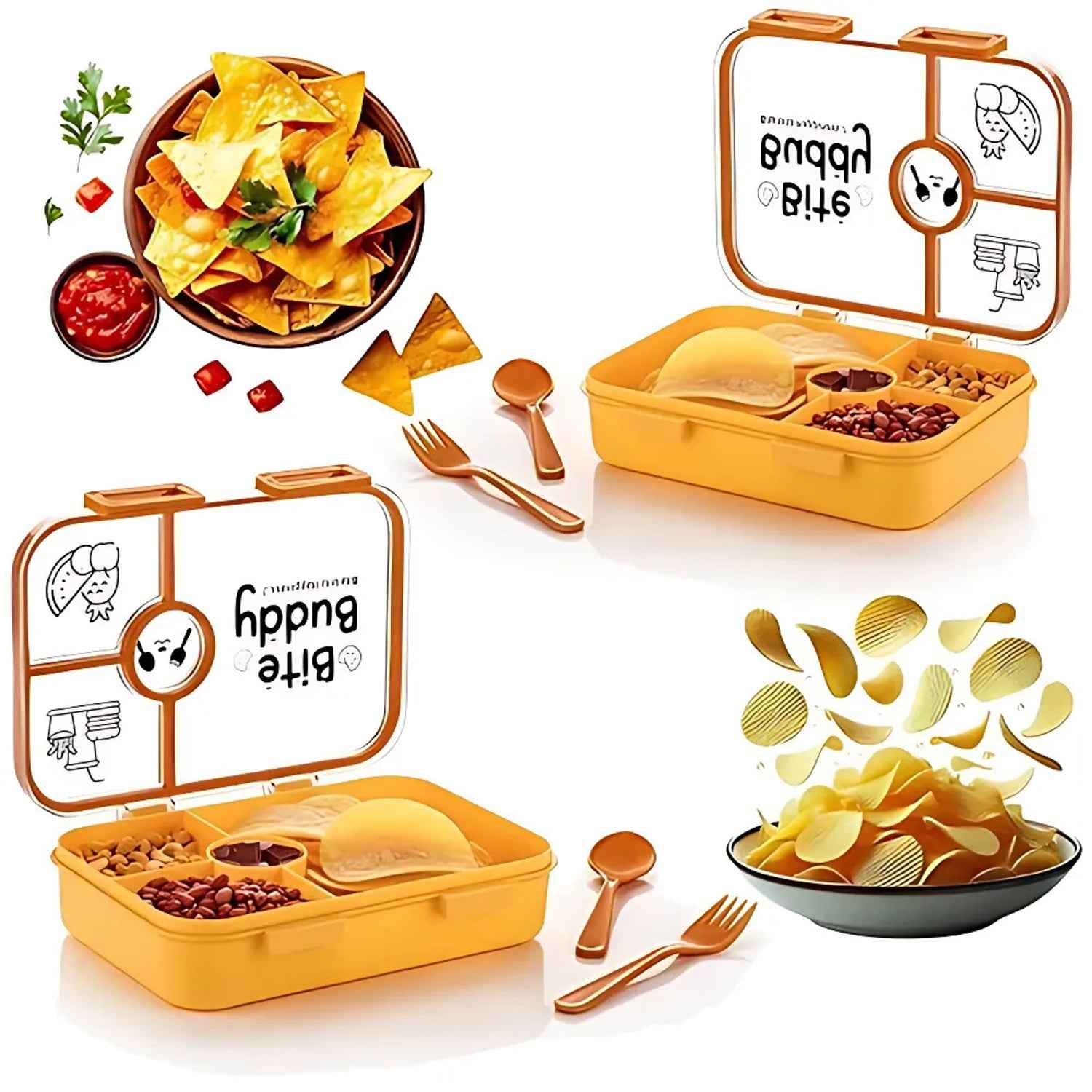 Bite Buddy 4-compartment Leak-resistant Plastic Lunch Box With Spoon  Fork