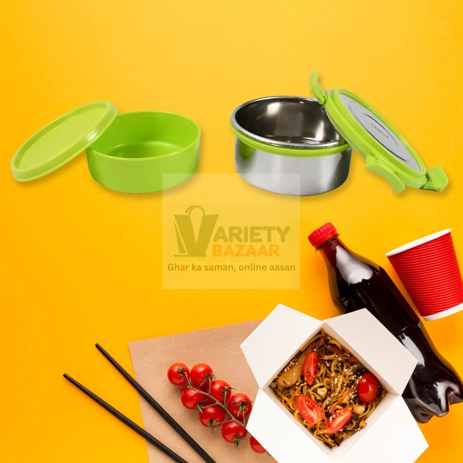 Stainless Steel Tiffin Lunch Box Container / Dabba with 4 Side Clip Lock Lid for Office & School Use/ Food Grade / Air Tight / Easy to Carry / Leak Proof Variety Bazaar