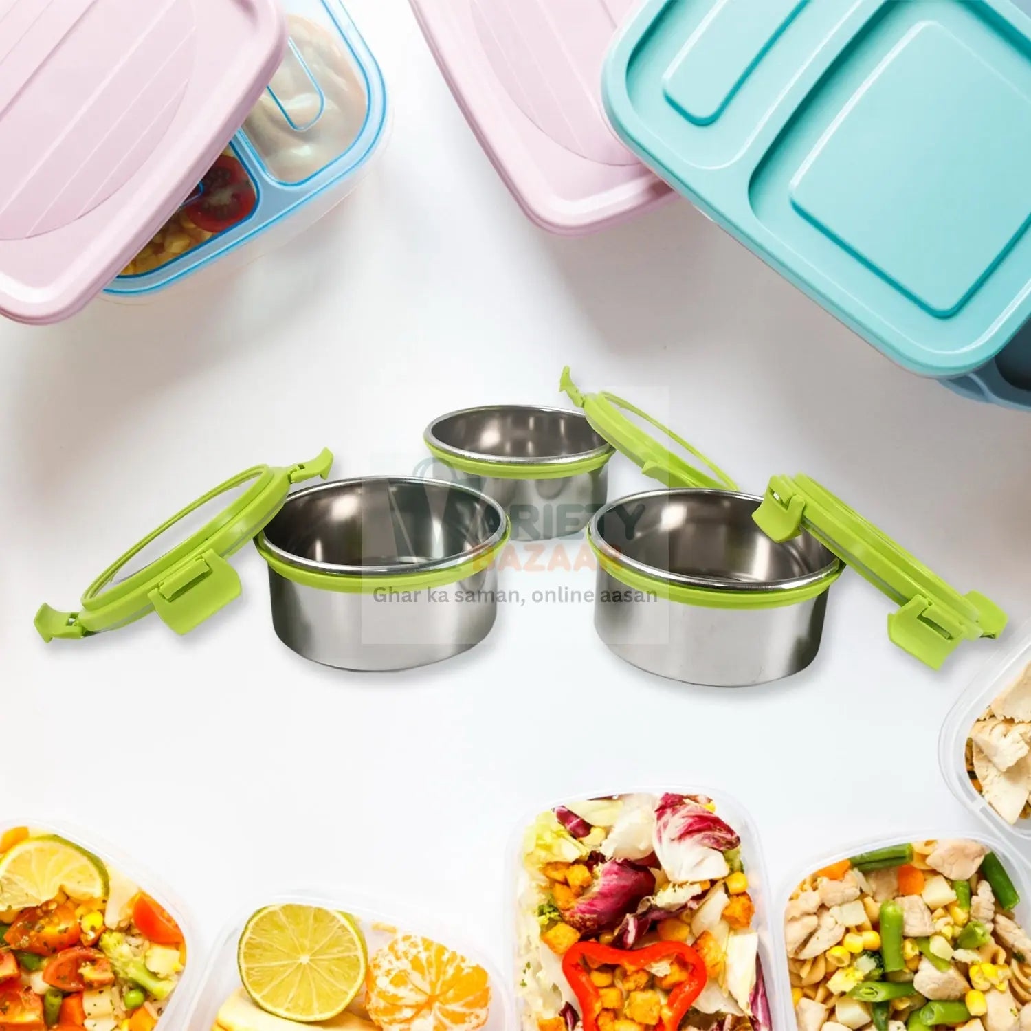 Stainless Steel Tiffin Lunch Box Container / Dabba with 4 Side Clip Lock Lid for Office & School Use/ Food Grade / Air Tight / Easy to Carry / Leak Proof Variety Bazaar