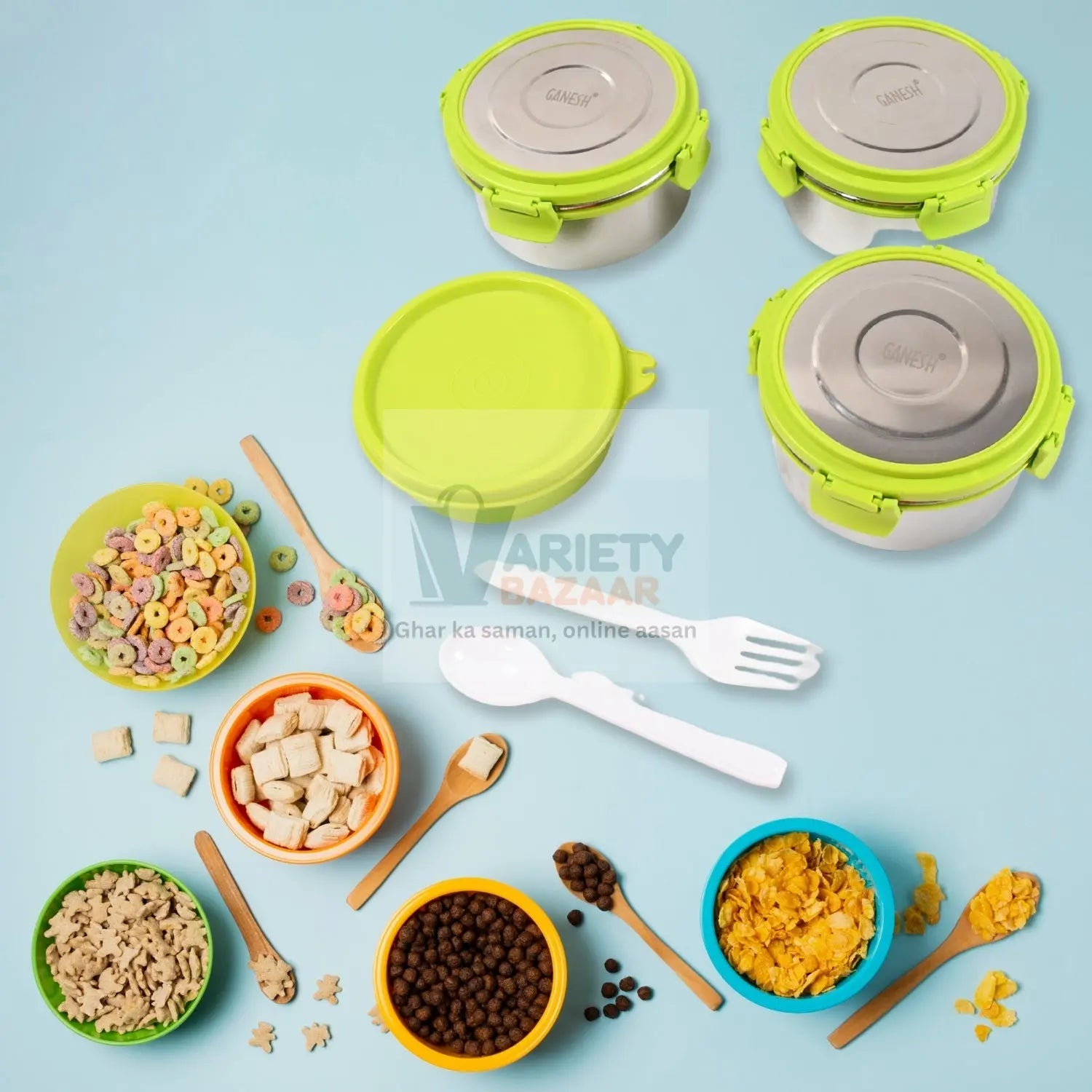 Stainless Steel Tiffin Lunch Box Container / Dabba with 4 Side Clip Lock Lid for Office & School Use/ Food Grade / Air Tight / Easy to Carry / Leak Proof Variety Bazaar