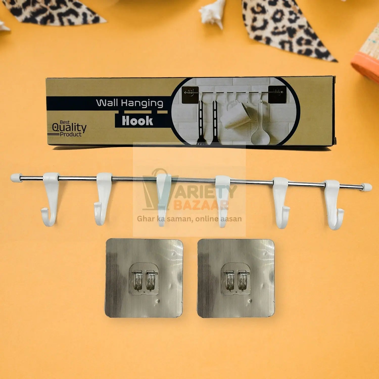 Stainless Steel Utensil Hanger Rail Nail Free Wall Mount with 2 Magic Stickers & 6 Plastic Hooks For Kitchen Variety Bazaar