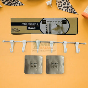 Stainless Steel Utensil Hanger Rail Nail Free Wall Mount with 2 Magic Stickers & 6 Plastic Hooks For Kitchen Variety Bazaar