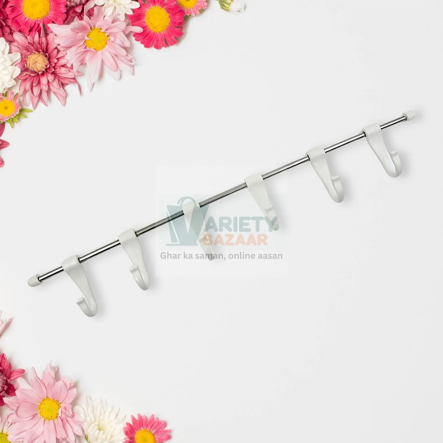Stainless Steel Utensil Hanger Rail Nail Free Wall Mount with 2 Magic Stickers & 6 Plastic Hooks For Kitchen Variety Bazaar