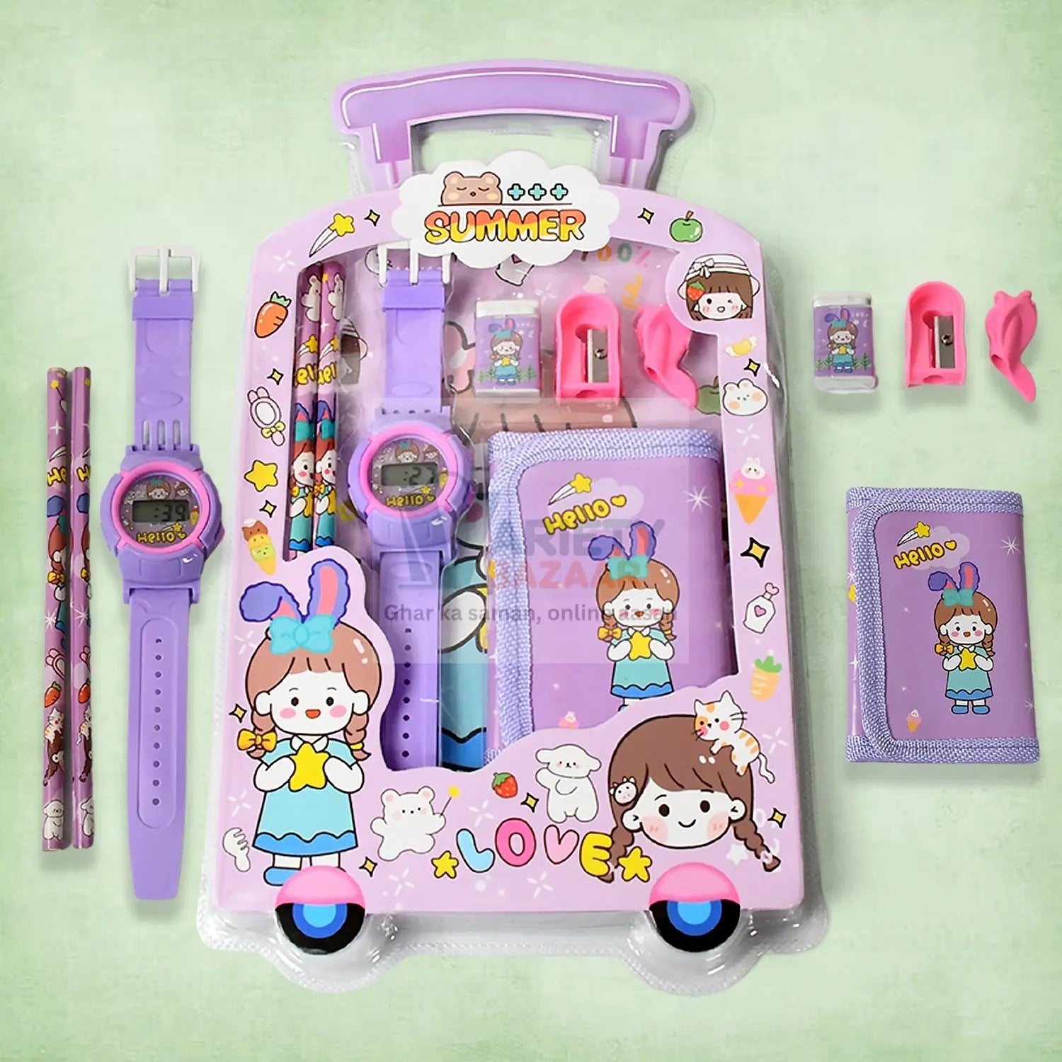 Stationery Set for Kids – 7-in-1 School Kit with Pencils, Eraser, Sharpener, Pouch & More (Pack of 7 Pcs) Variety Bazaar