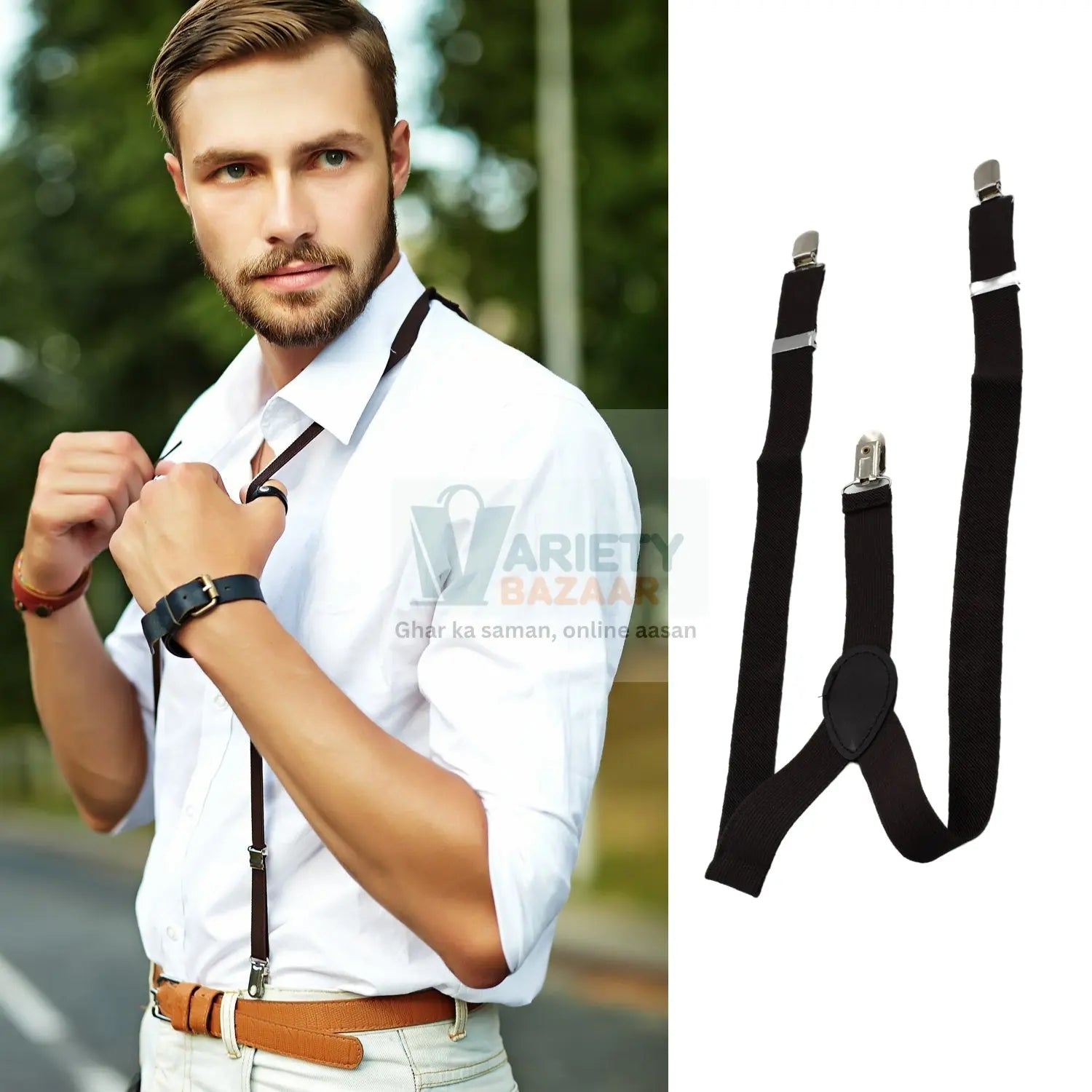 Y-shape solid color suspenders.