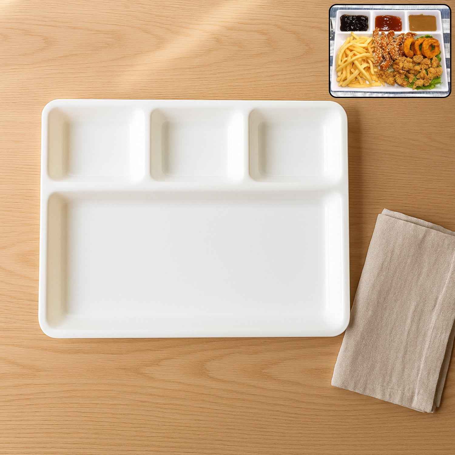 Plastic 4-compartment Rectangular Meal Serving Tray  Plate (1 Pc  White)