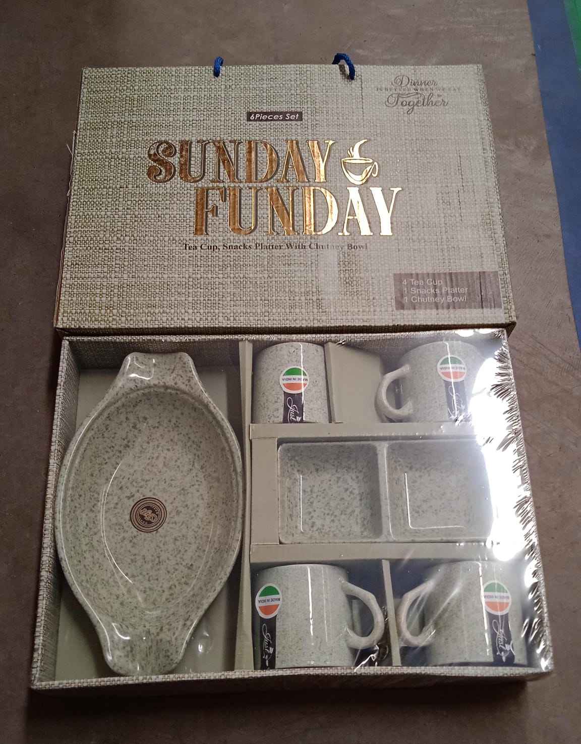 8240 Sunday Funday Ceramic Tea  Cups  Mug With Plastic Snacks Platter And 2 Compartment Chutney Bowl Milk Cup Coffee Cup Breakfast Cup Drinking Mug Or Outdoor For Household Gift For Birthday Wedding Party (6 Pcs Set)
