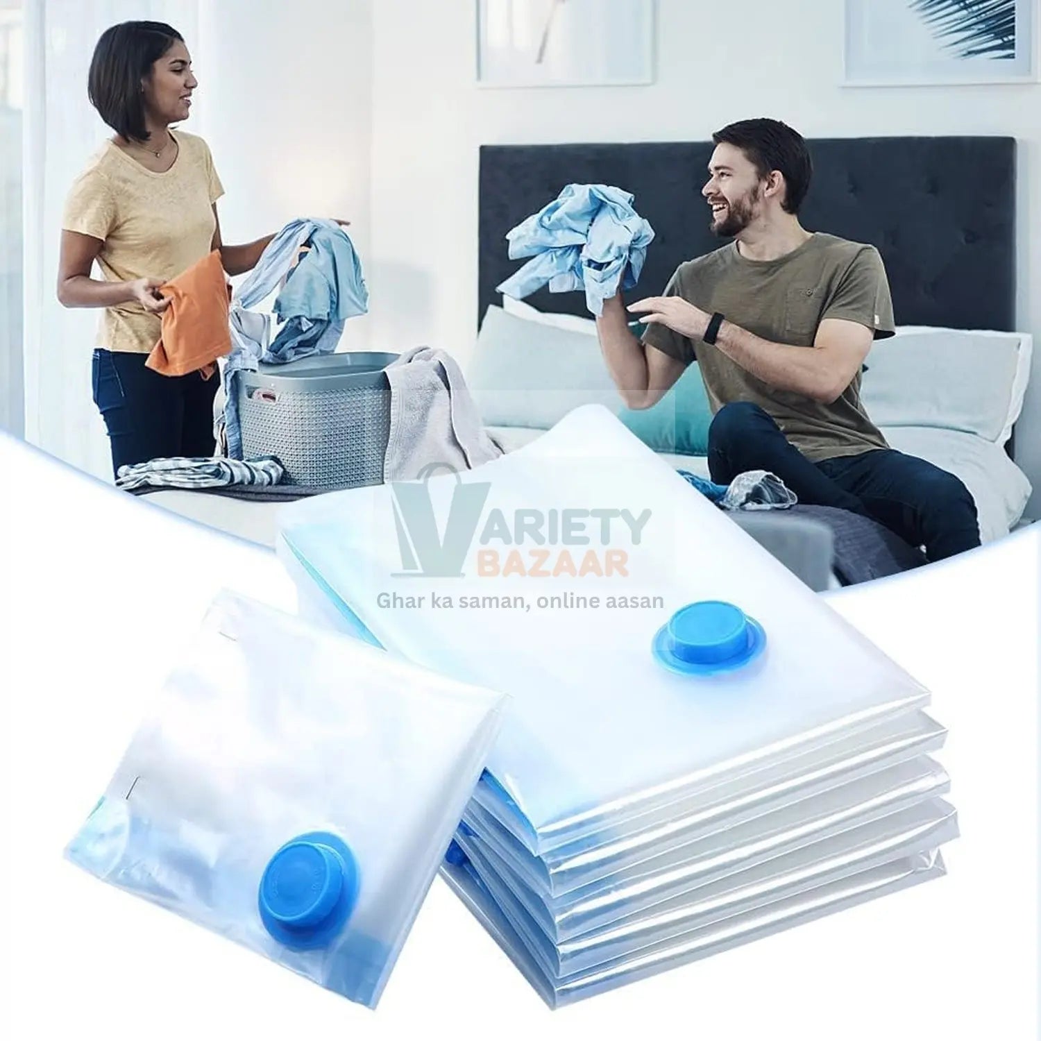 Vacuum Storage Bags with Suction Pump & Shirt clips - Vacuum Bags - Big Capacity Vacuum Seal Bags for Travel Clothes Blankets Pillows, Compression Bags | Space Saver Vacuum Storage Bags (5 Pcs Set) Variety Bazaar