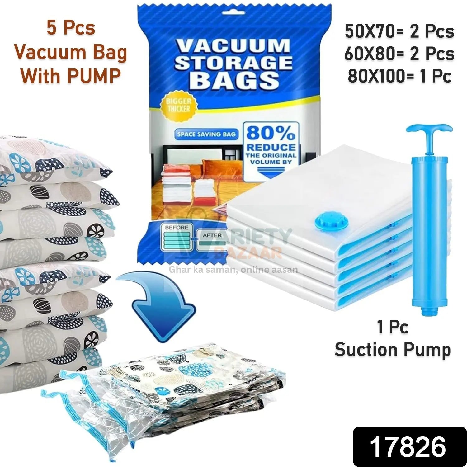 Vacuum Storage Bags with Suction Pump & Shirt clips - Vacuum Bags - Big Capacity Vacuum Seal Bags for Travel Clothes Blankets Pillows, Compression Bags | Space Saver Vacuum Storage Bags (5 Pcs Set) Variety Bazaar