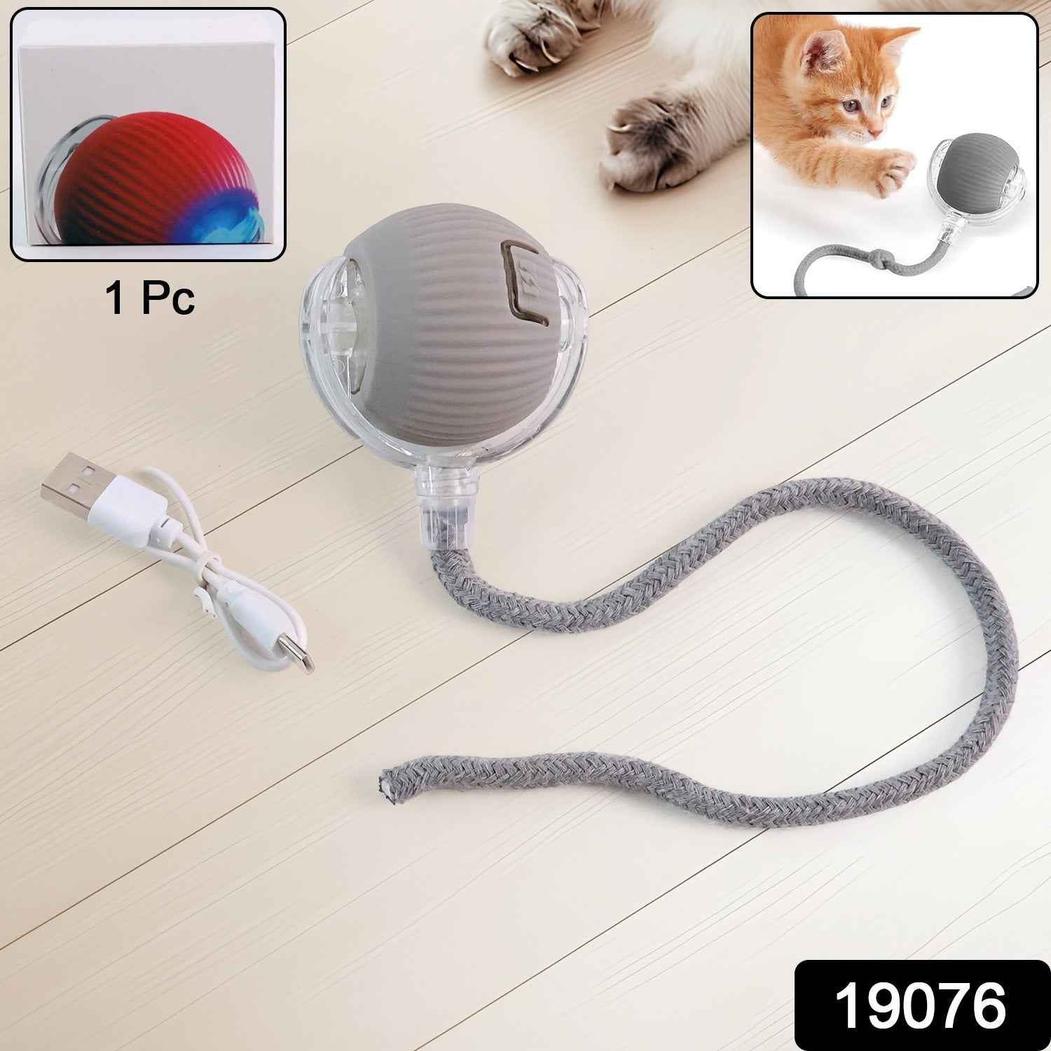 Rechargeable Interactive Cat Toy Ball with Detachable Braided Tail and LED Light (1 Pc)