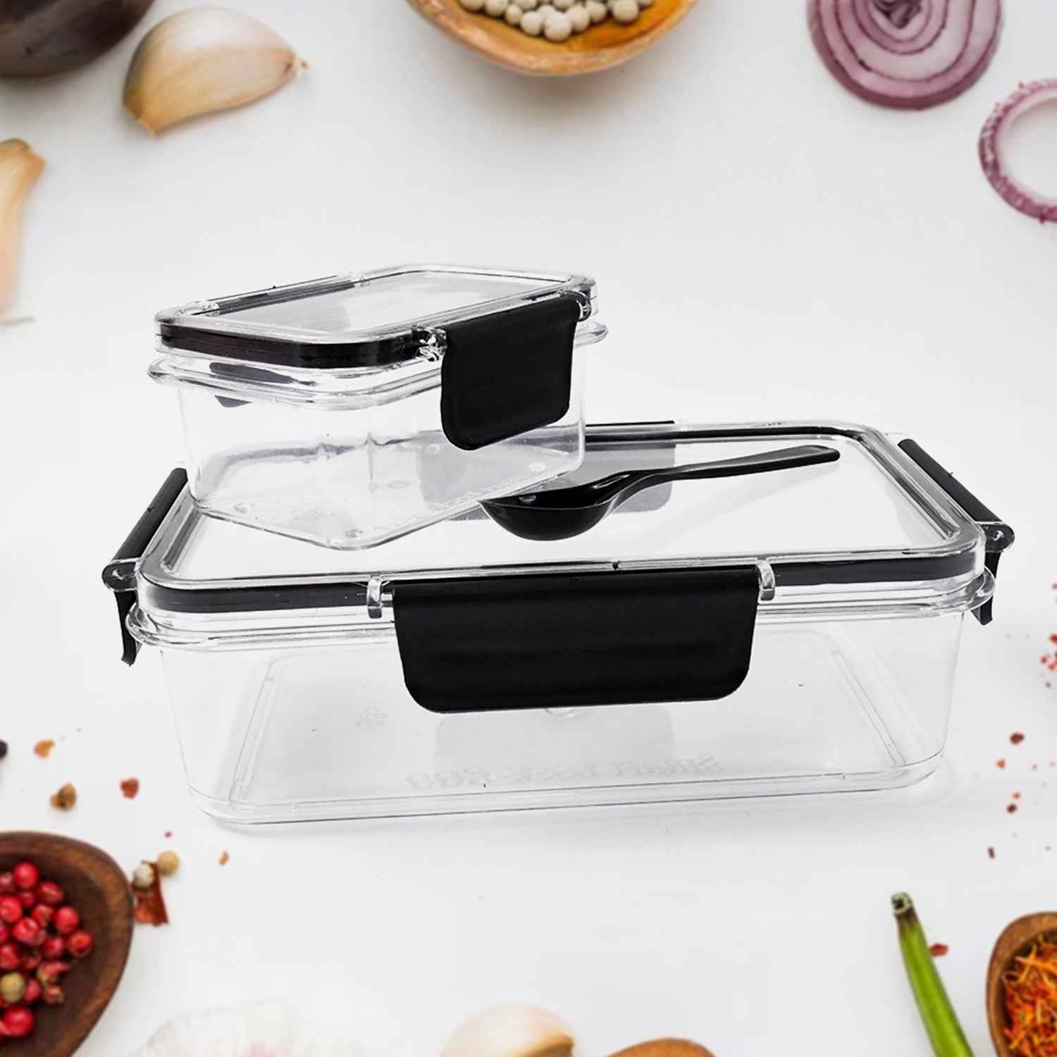 Plastic Kitchen Storage Container Big 800 Ml  Small 250 Ml With Air Seal Lock Lid  Spoon