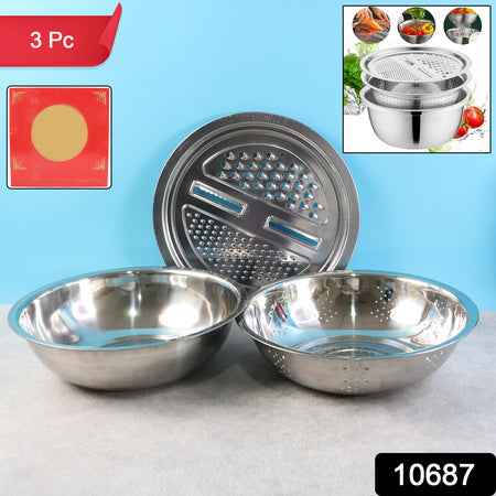 3-in-1 Stainless Steel Mixing Straining  Grater Bowl Set