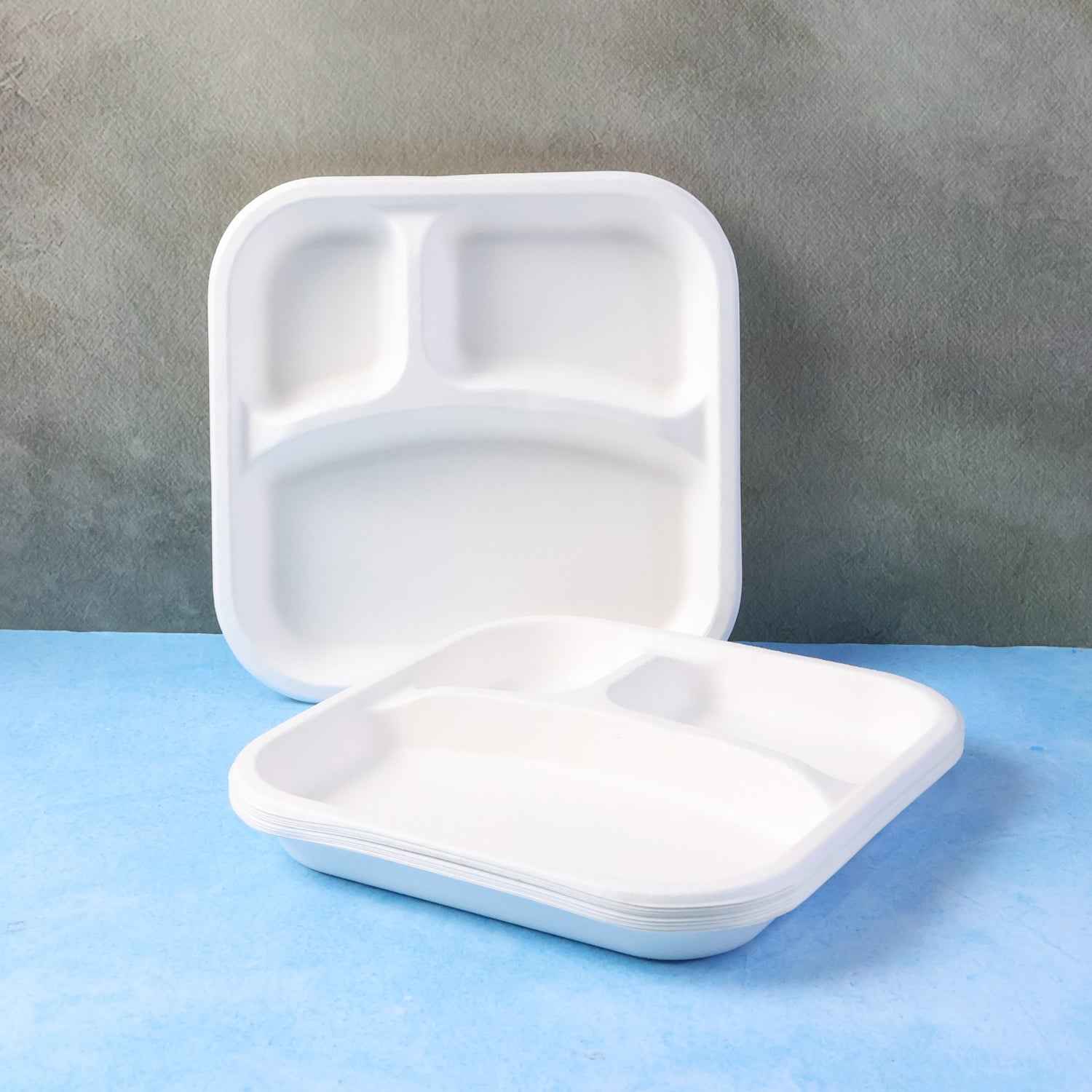 Compostable Bagasse 3-compartment Square Meal Plate