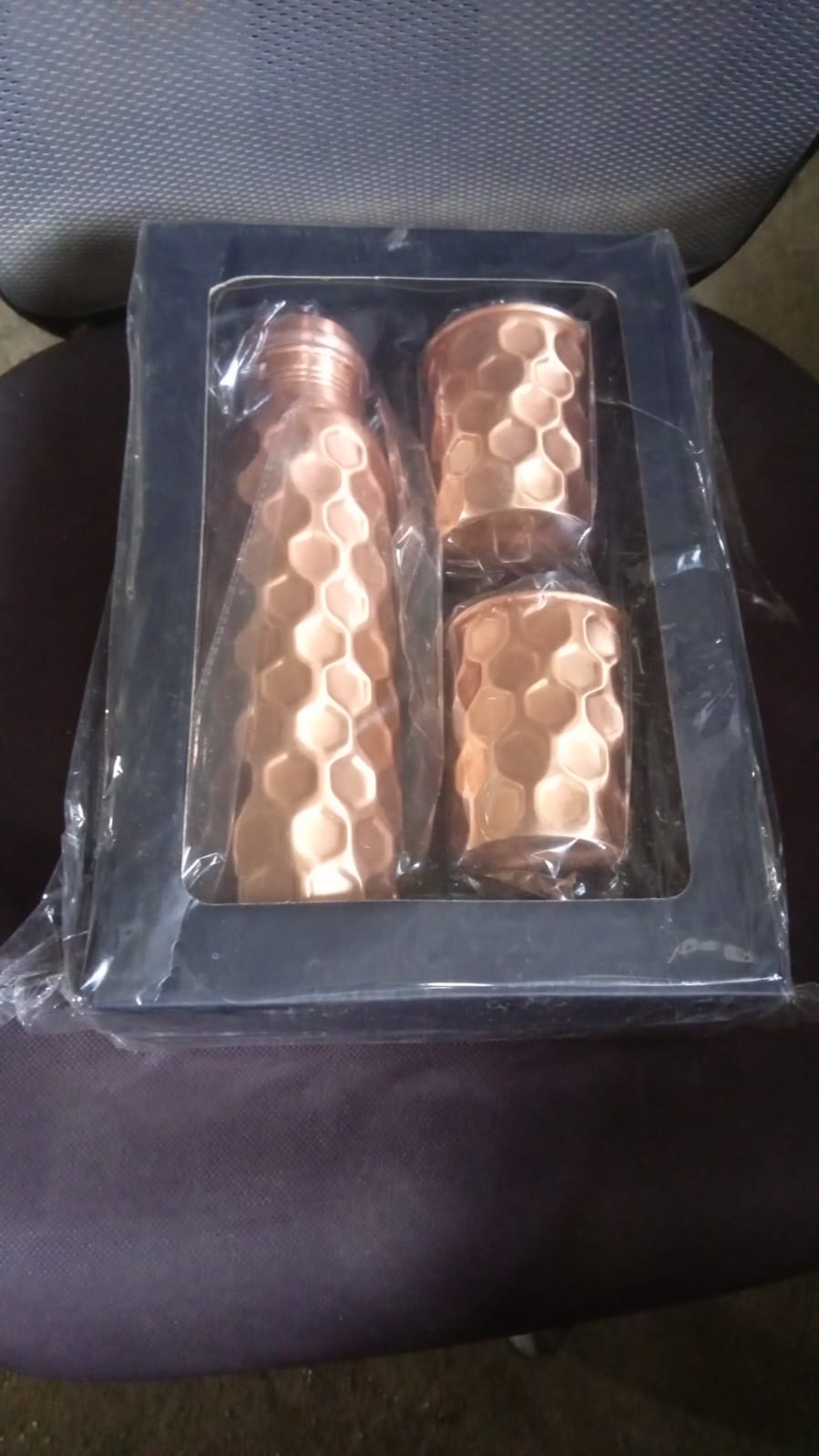 Diamond Cut Copper Water Bottle 2 Glasses with Gift Box (3 Pcs Set) Variety Bazaar