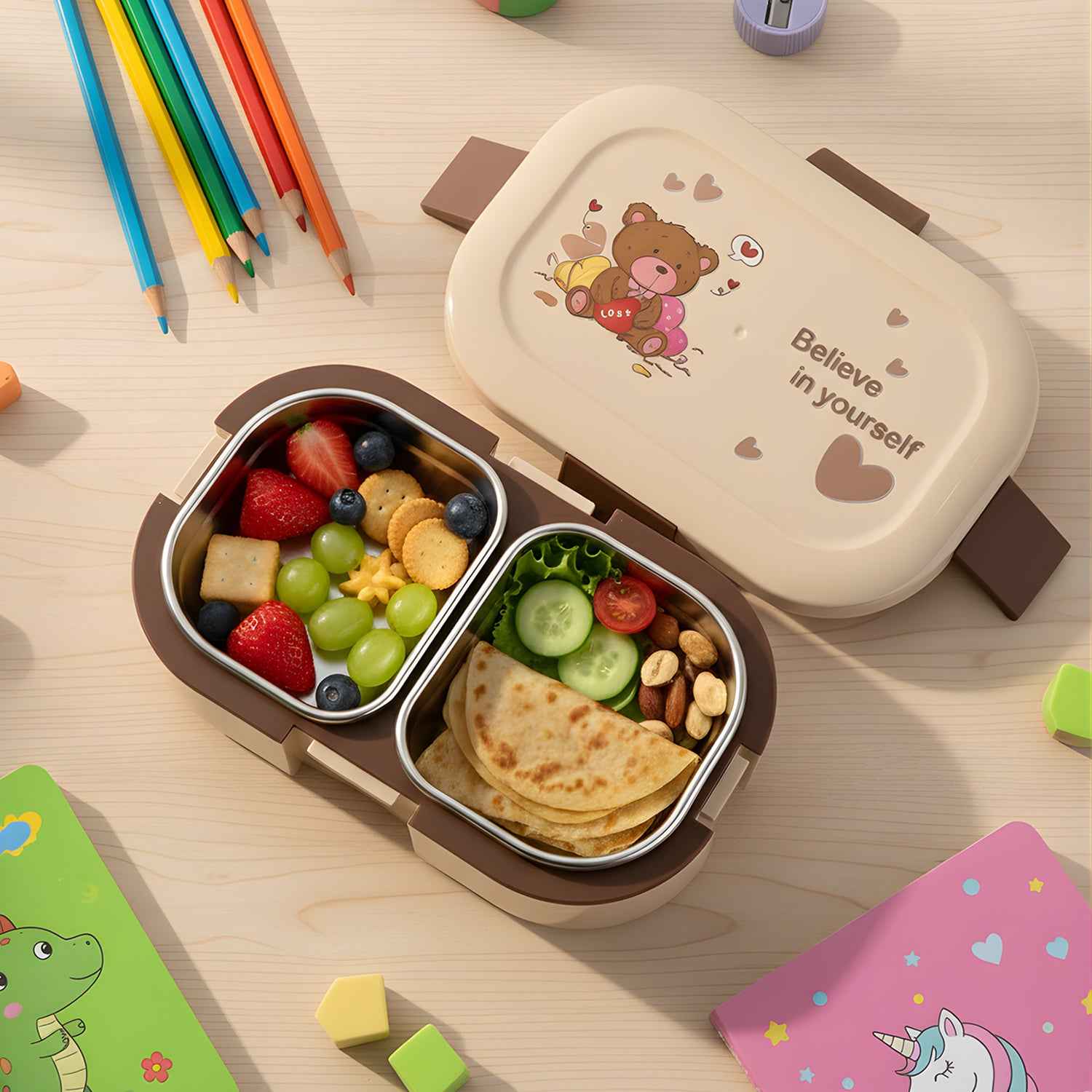 Cute Teddy Printed Kids Lunch Box (500ml  1 Pc)