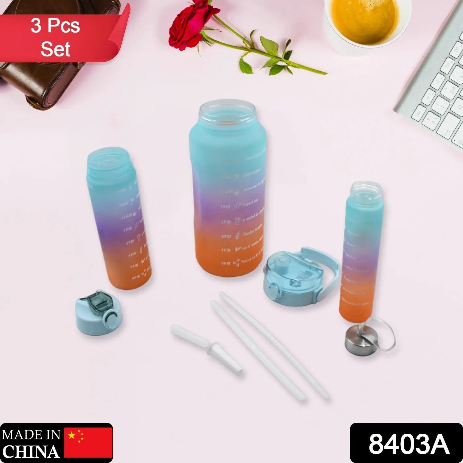 Plastic Water Bottle 3pc Set,3  Different Size Bottle High Quality Water Bottle Plastic Water Bottle BPA-Free & Leak-Proof!  Cartoon Printed Design for Kids' School, For Fridge, Office, Sports, School, Gym, Yoga (3 Pc Set) - varietybazaar.co.in