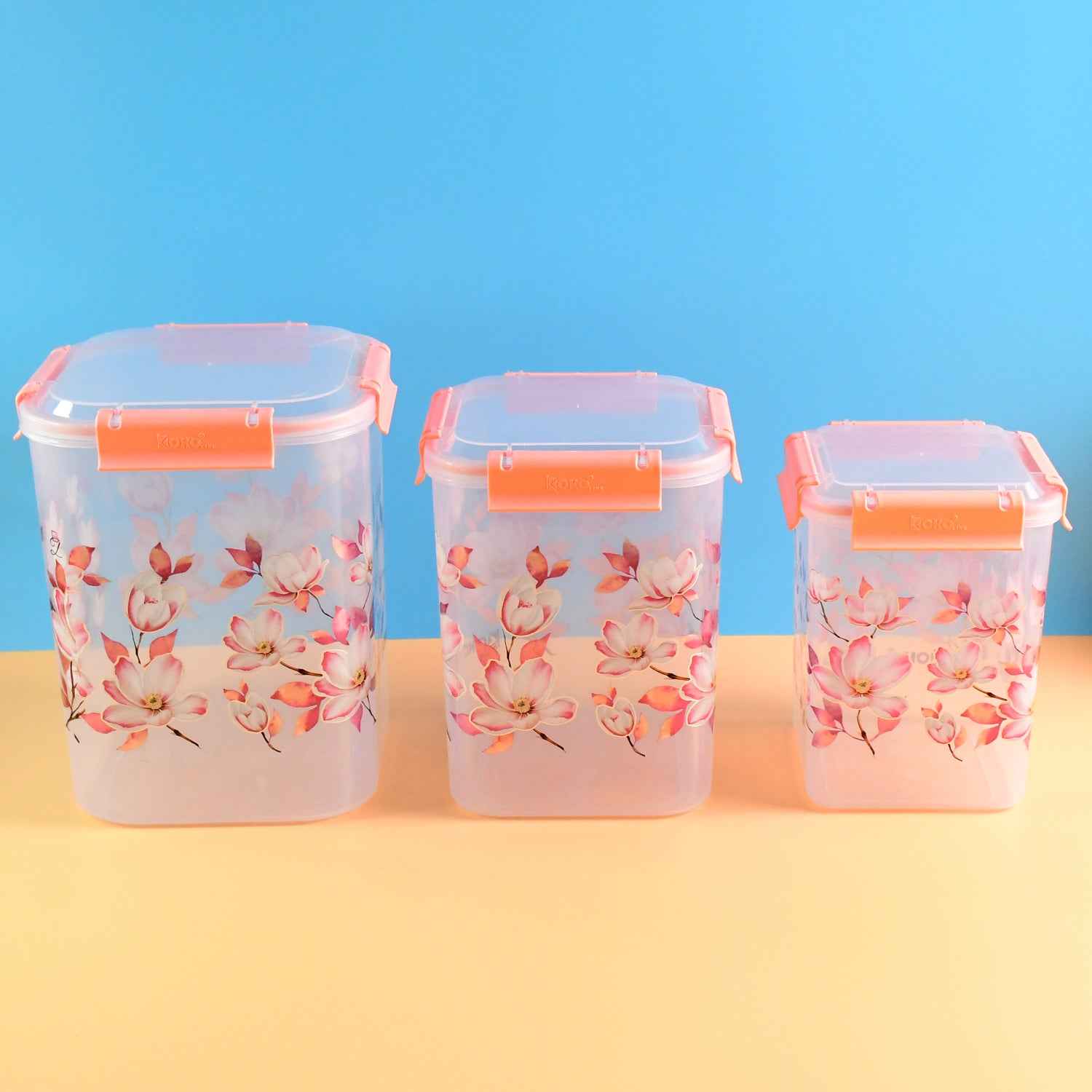 Square 3 Pcs Floral Printed Airtight Storage Container Set  Approx 2.8 Ltr 4.5 Ltr 6.9 Ltr (3 Pcs Set)