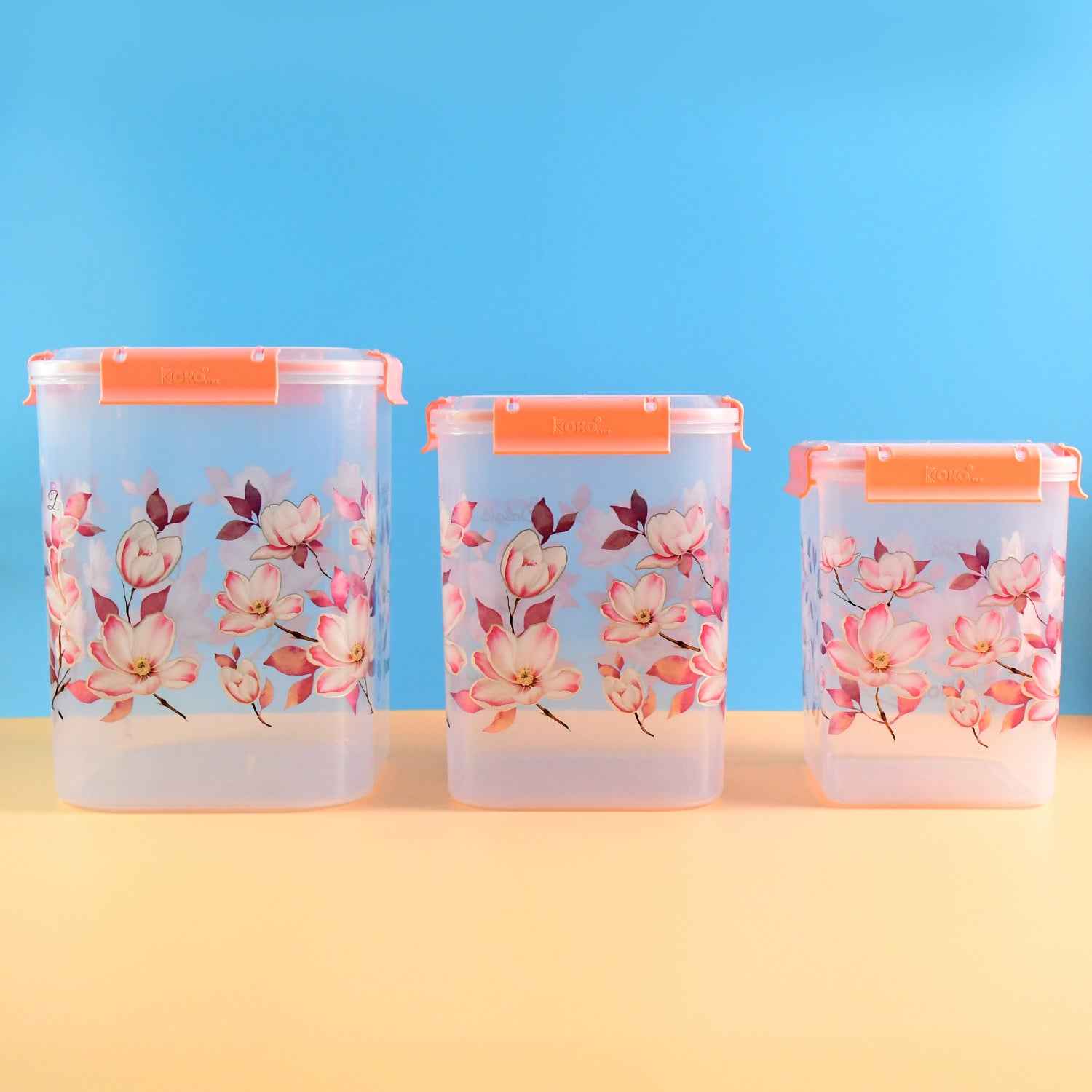 Square 3 Pcs Floral Printed Airtight Storage Container Set  Approx 2.8 Ltr 4.5 Ltr 6.9 Ltr (3 Pcs Set)
