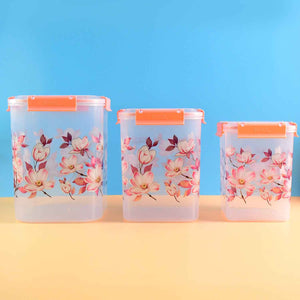 Square 3 Pcs Floral Printed Airtight Storage Container Set  Approx 2.8 Ltr 4.5 Ltr 6.9 Ltr (3 Pcs Set)